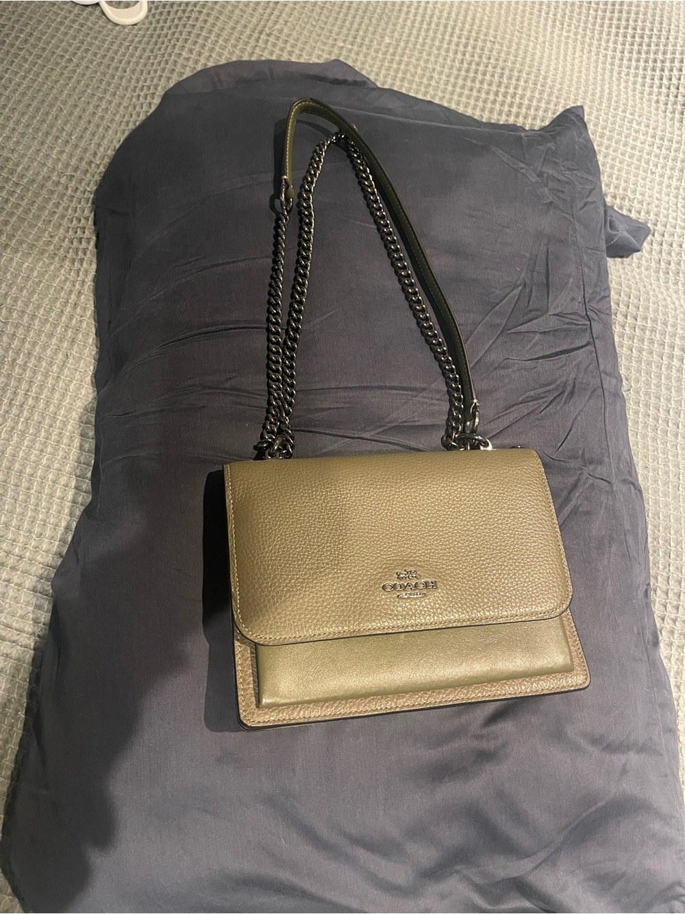 Coach Olive Green Leather Shoulder Bag with Chain Strap